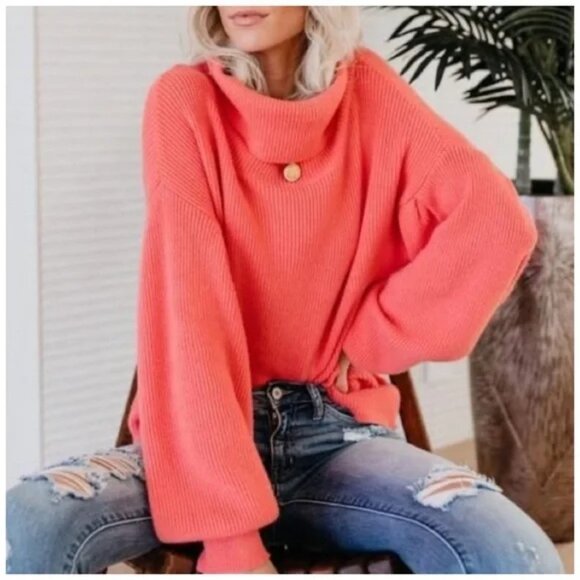 Vici Cowl Neck Balloon Sleeve Pullover Sweater S Ribbed Knit Relaxed Fit Coral - Picture 1 of 11